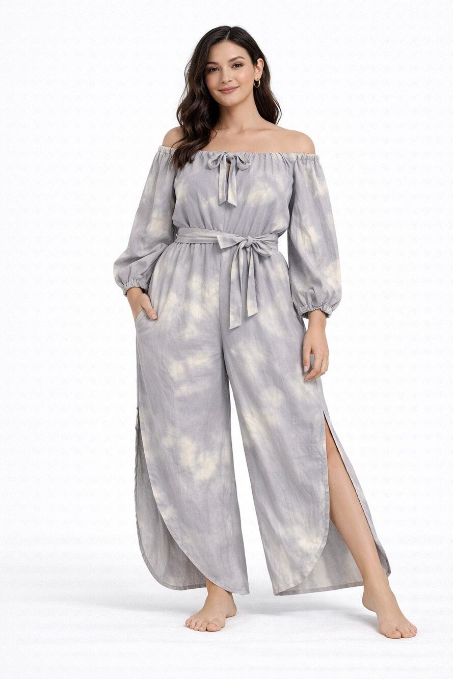 Vintage-Inspired Wisdom Eye Lavender Grey Cloud-Dye Boho Jumpsuit Medium